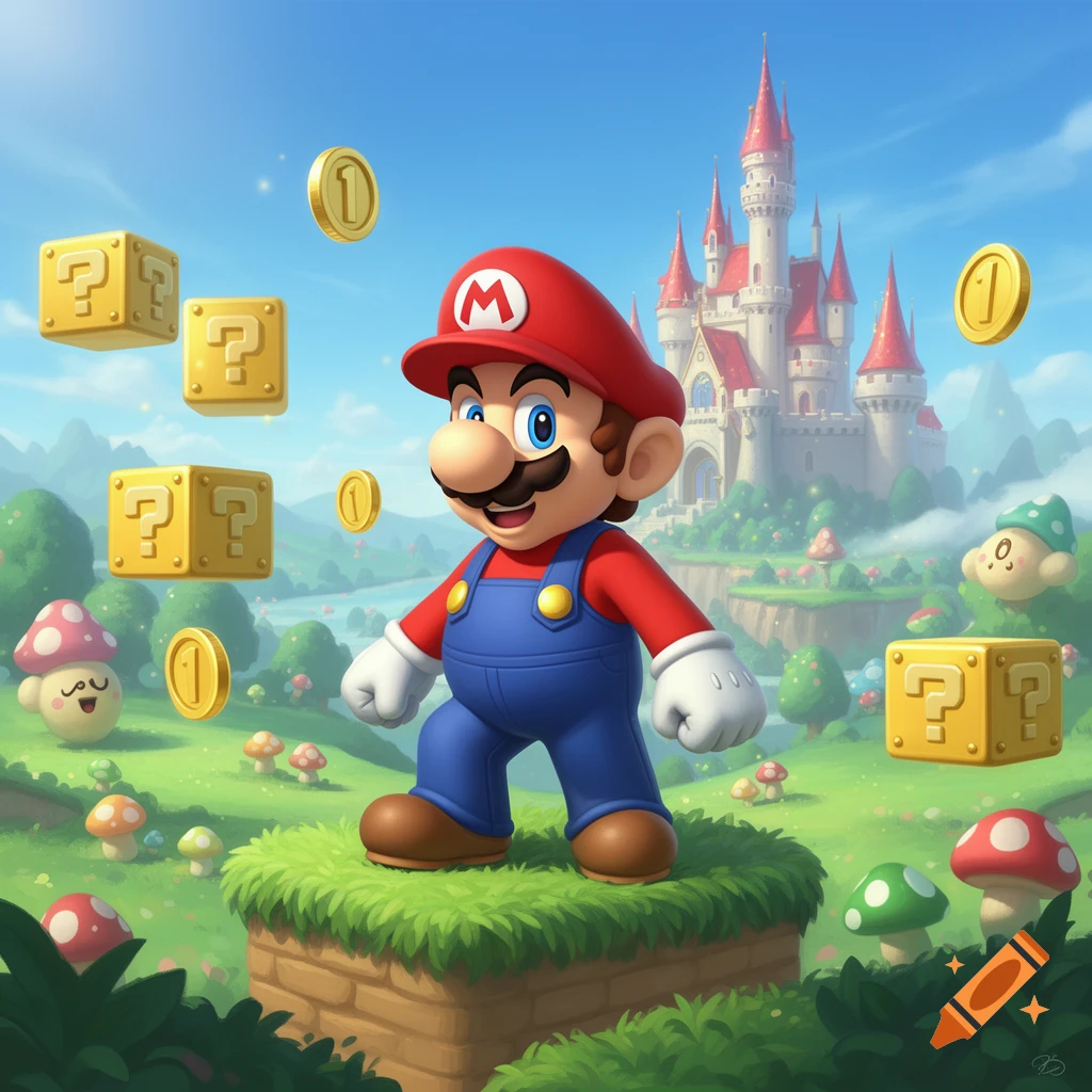 Cartoon Mario stands on a grassy block, surrounded by floating coins and question blocks, with a red-roofed castle in the background.