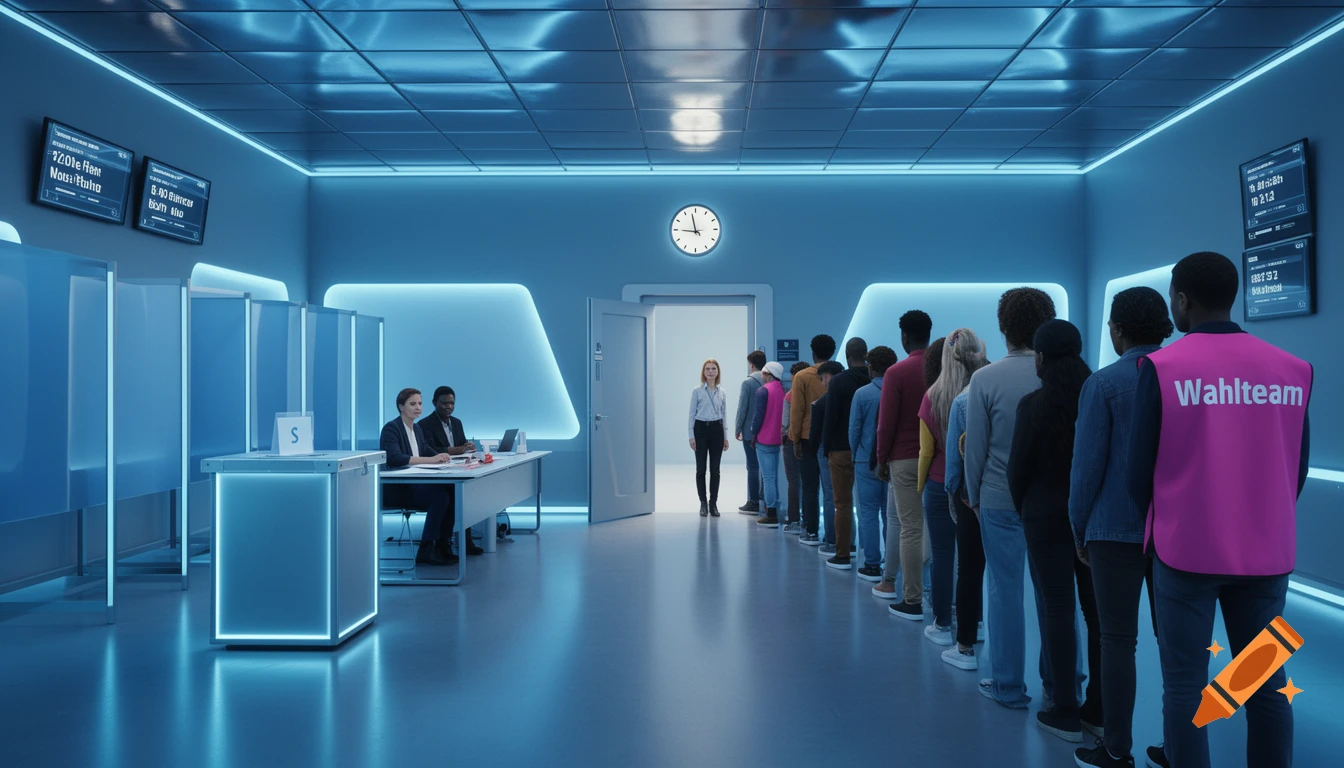 A line of diverse people waiting in a futuristic, blue-toned voting office with polling booths, a ballot box, and two officials at a desk. One person at the end of the line wears a pink vest with "Wahlteam" printed on it.