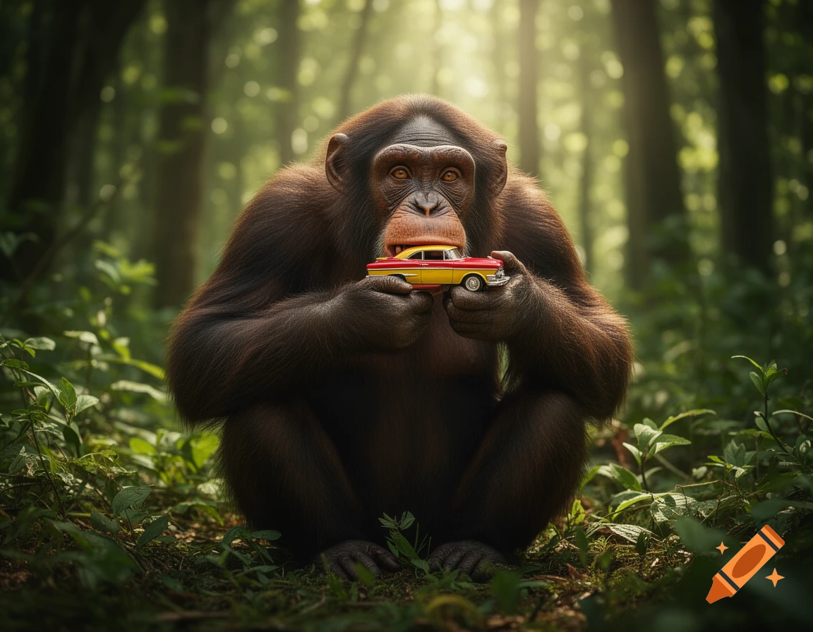 A photorealistic chimpanzee sits in a lush forest, holding a red and yellow classic toy car to its mouth.