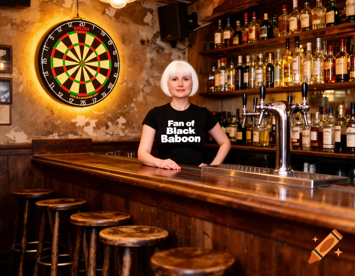 A woman with short white hair stands behind a wooden bar in a pub, wearing a black t-shirt that says "Fan of Black Baboon". A dartboard glows on the wall.