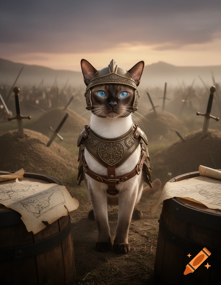 A photorealistic Siamese cat warrior in ornate armor and helmet with blue eyes, on a battlefield with swords and maps.