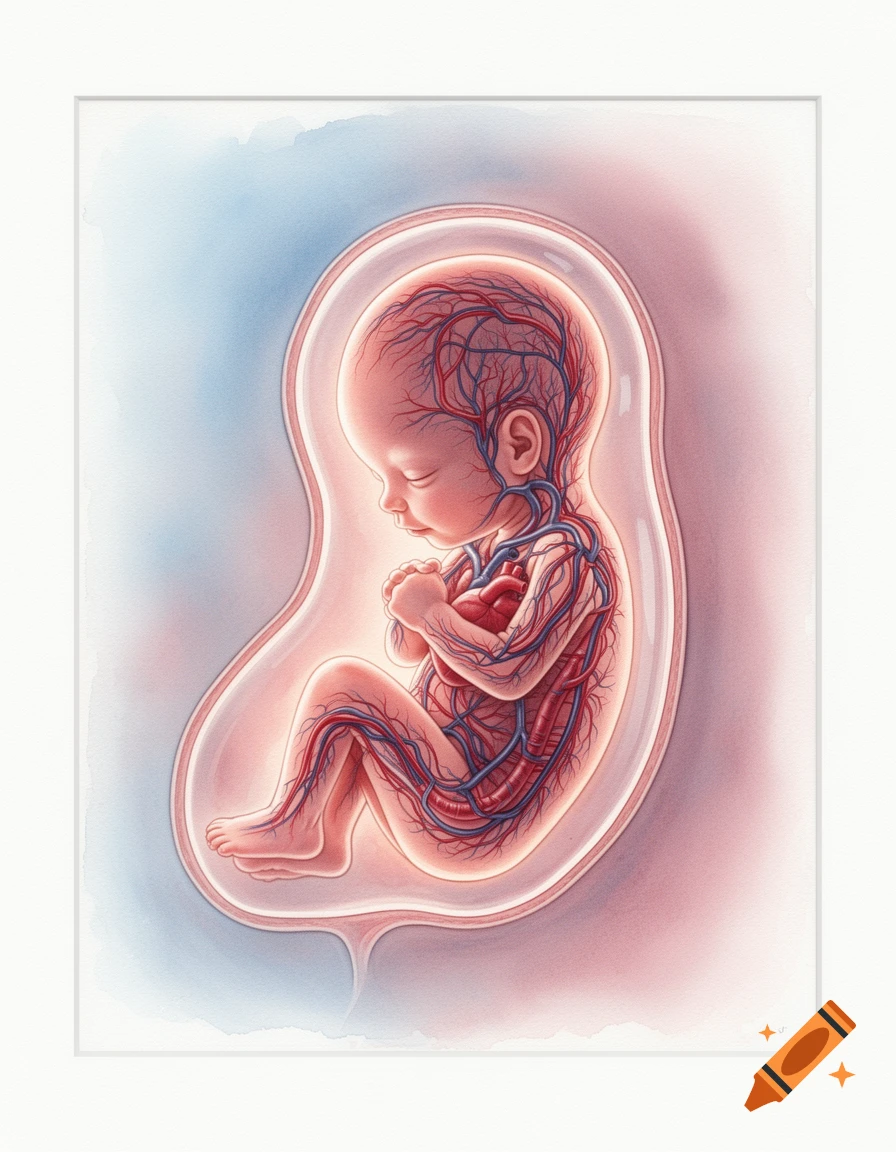 Watercolor illustration of a human fetus inside a womb, clearly showing its red arteries and blue veins.