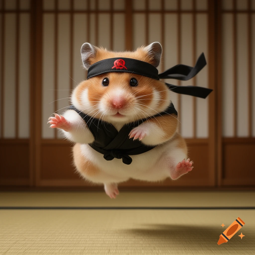 A cute, fluffy, orange and white hamster wearing a black ninja gi and headband, leaping in a Japanese-style room.