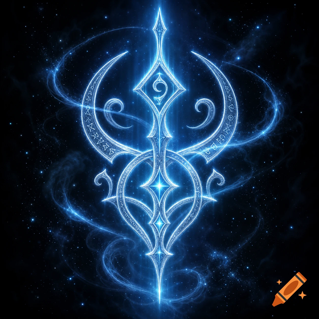 A glowing, ornate blue magical symbol with swirling energy on a dark, starry cosmic background.