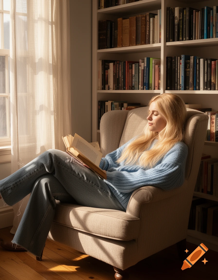 A blonde woman in a blue sweater and jeans reads a book in a cozy armchair by a sunlit window, surrounded by bookshelves.