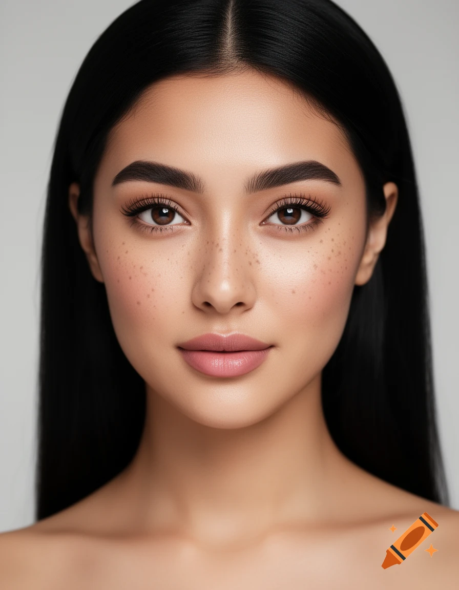 Photorealistic portrait of a young woman with dark hair, brown eyes, and freckles, looking directly at the viewer.