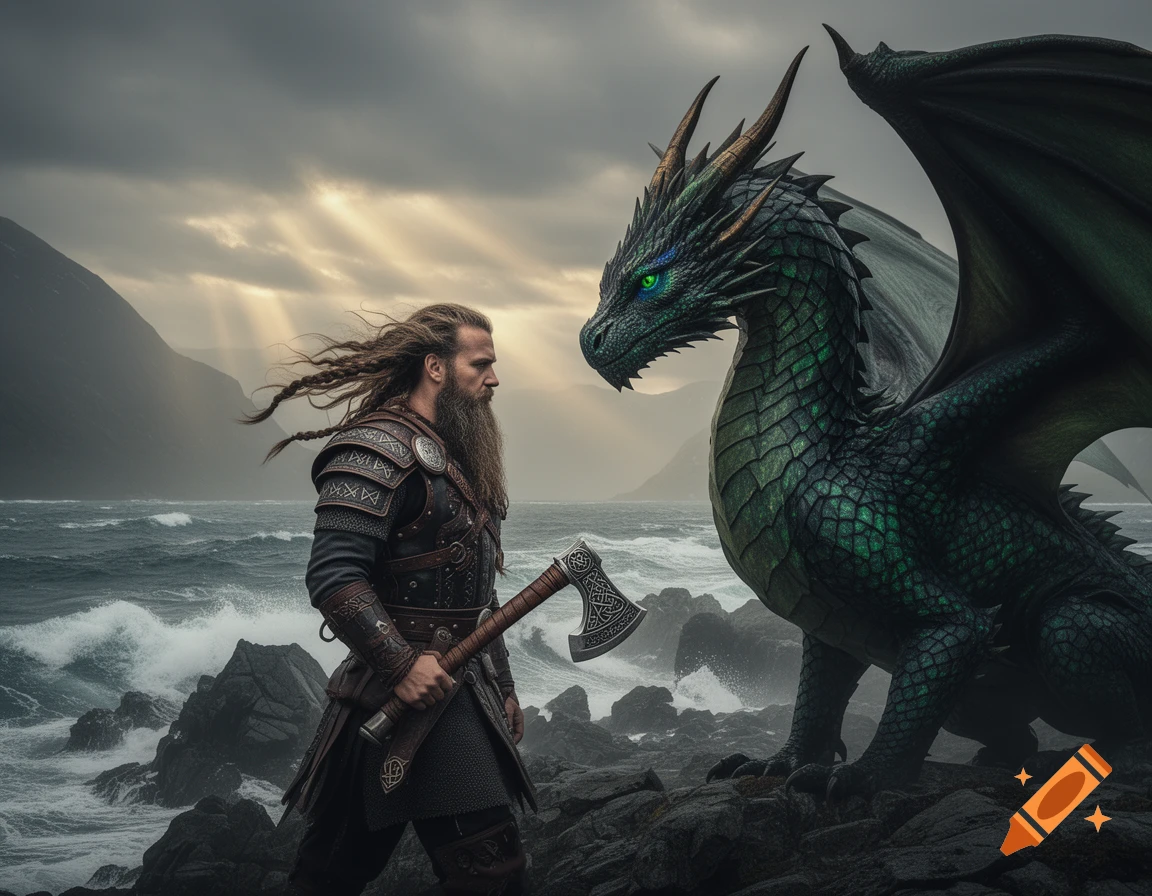 A Viking warrior with a braided beard and axe stands facing a large green dragon on a rocky coastline under a stormy sky.