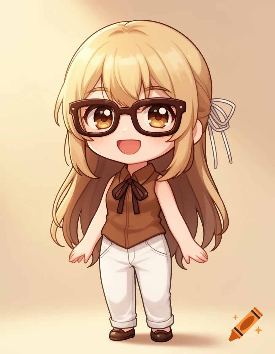 A cheerful chibi anime girl with long blonde hair, dark brown glasses, a brown sleeveless blouse with a bow, and white pants, in digital art style.