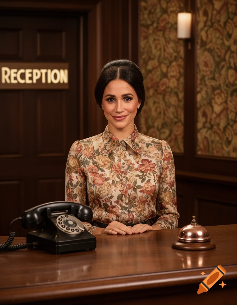 A smiling woman with dark hair, resembling Meghan, the Duchess of Sussex, sits behind a vintage wooden reception desk.