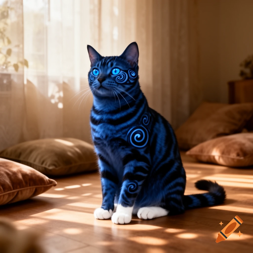 A dark blue cat with black stripes and glowing blue swirl patterns, white paws, and bright blue eyes sits on a sunlit wooden floor.