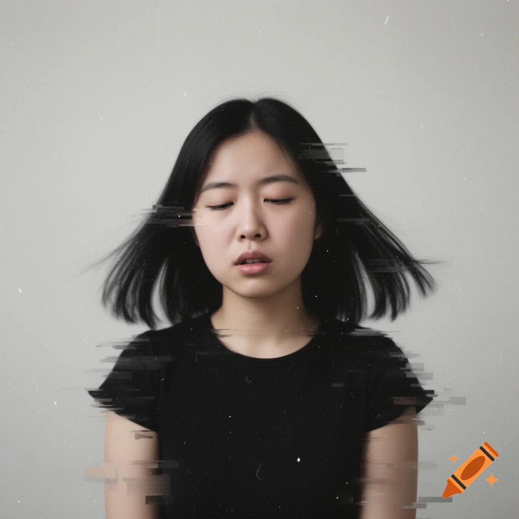 A portrait of an Asian woman with closed eyes and black hair, featuring glitch effects and dust.