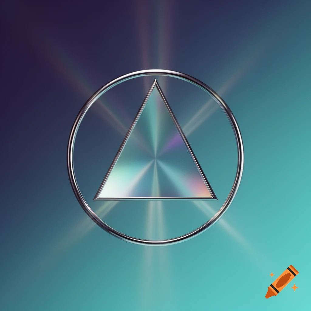 A shiny metallic triangle pointing downwards inscribed within a circular frame, set against a radiant teal and purple gradient background.
