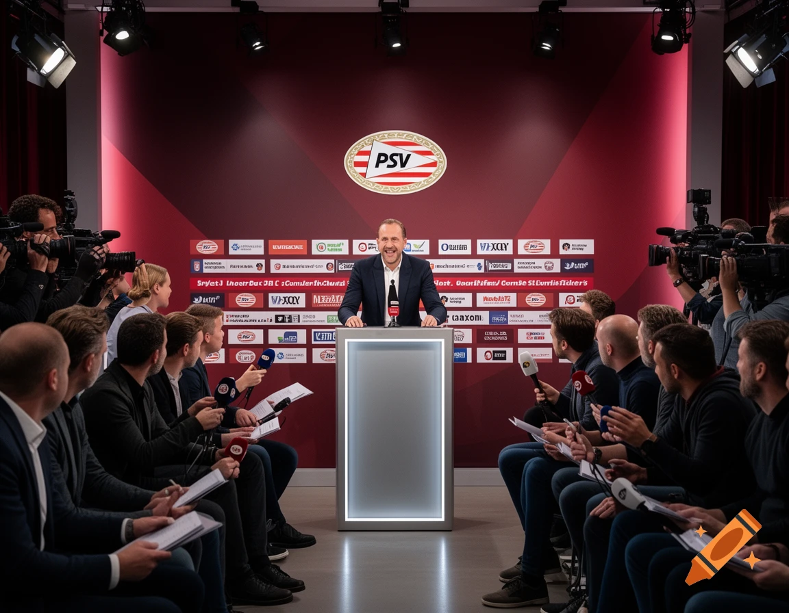 A man in a suit speaks at a press conference podium, surrounded by journalists and cameras, against a red wall with sponsor logos.