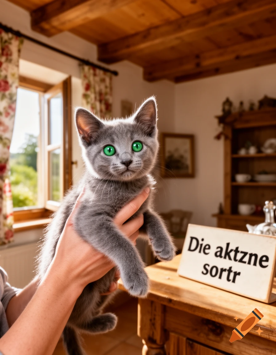 A person holds a small, grey kitten with bright green eyes in a cozy, sunlit room with wooden ceilings and a sign that reads "Die aktzne sortr".