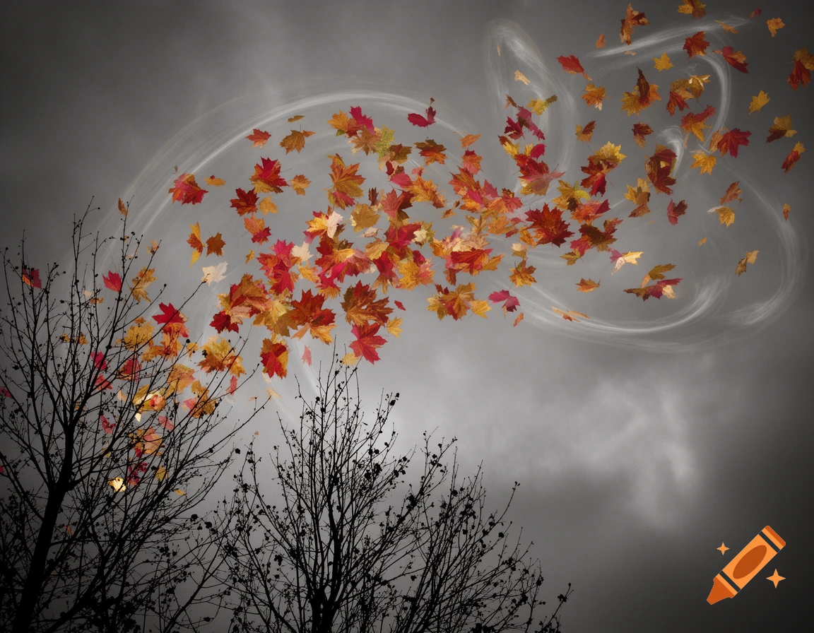 Red and yellow autumn leaves blow from bare trees against a stormy gray sky with abstract white swirls.
