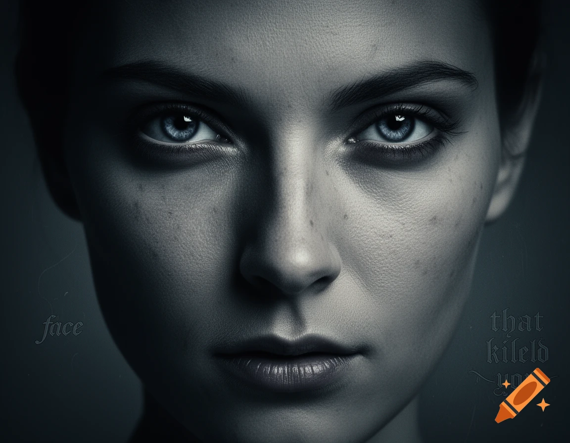 A dramatic, monochrome close-up portrait of a woman's face with intense blue eyes, and the words 'face' and 'that kileld you' faintly visible in the background.