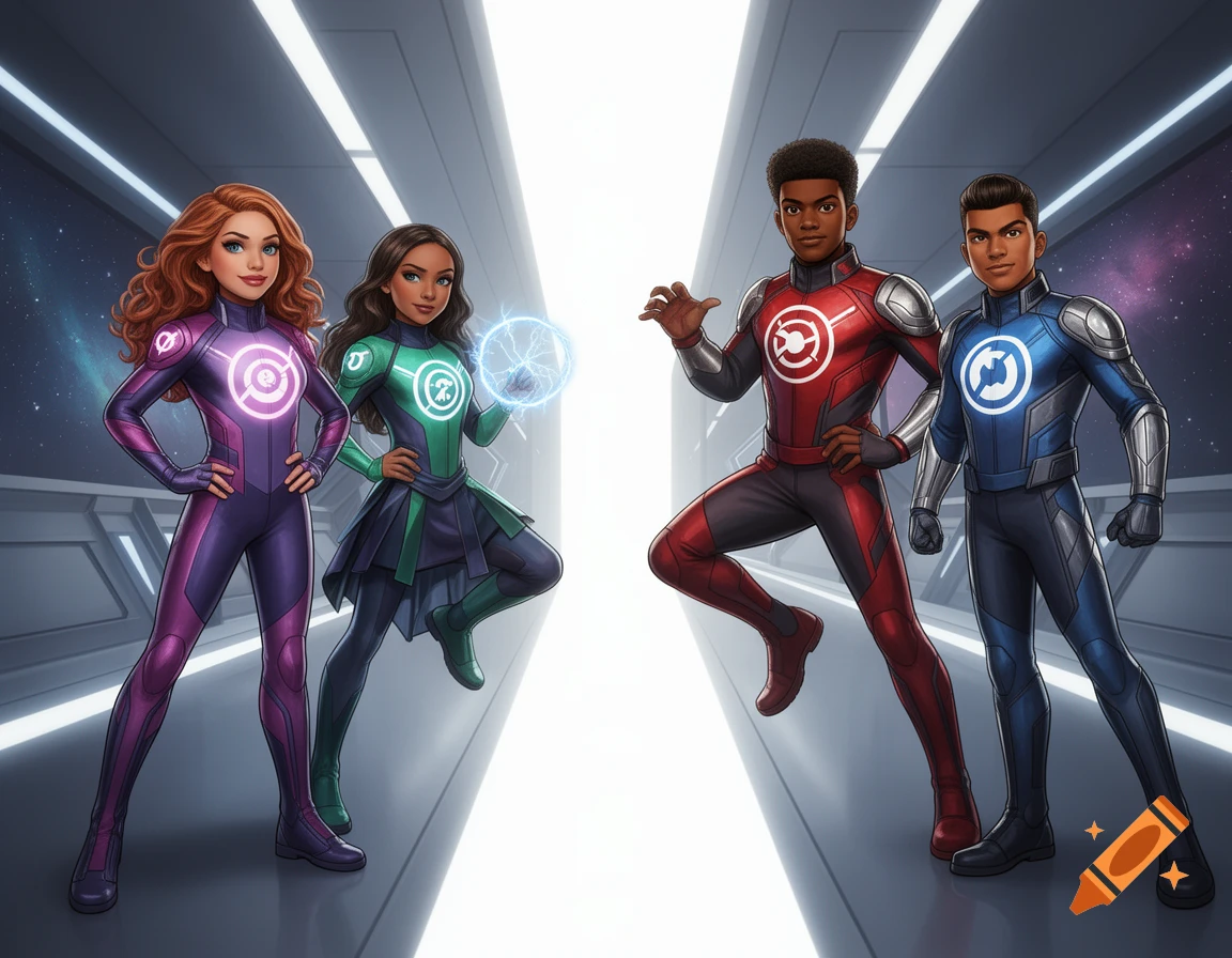 Four cartoon superheroes, two girls and two boys in colorful suits with glowing symbols, stand in a futuristic hallway.