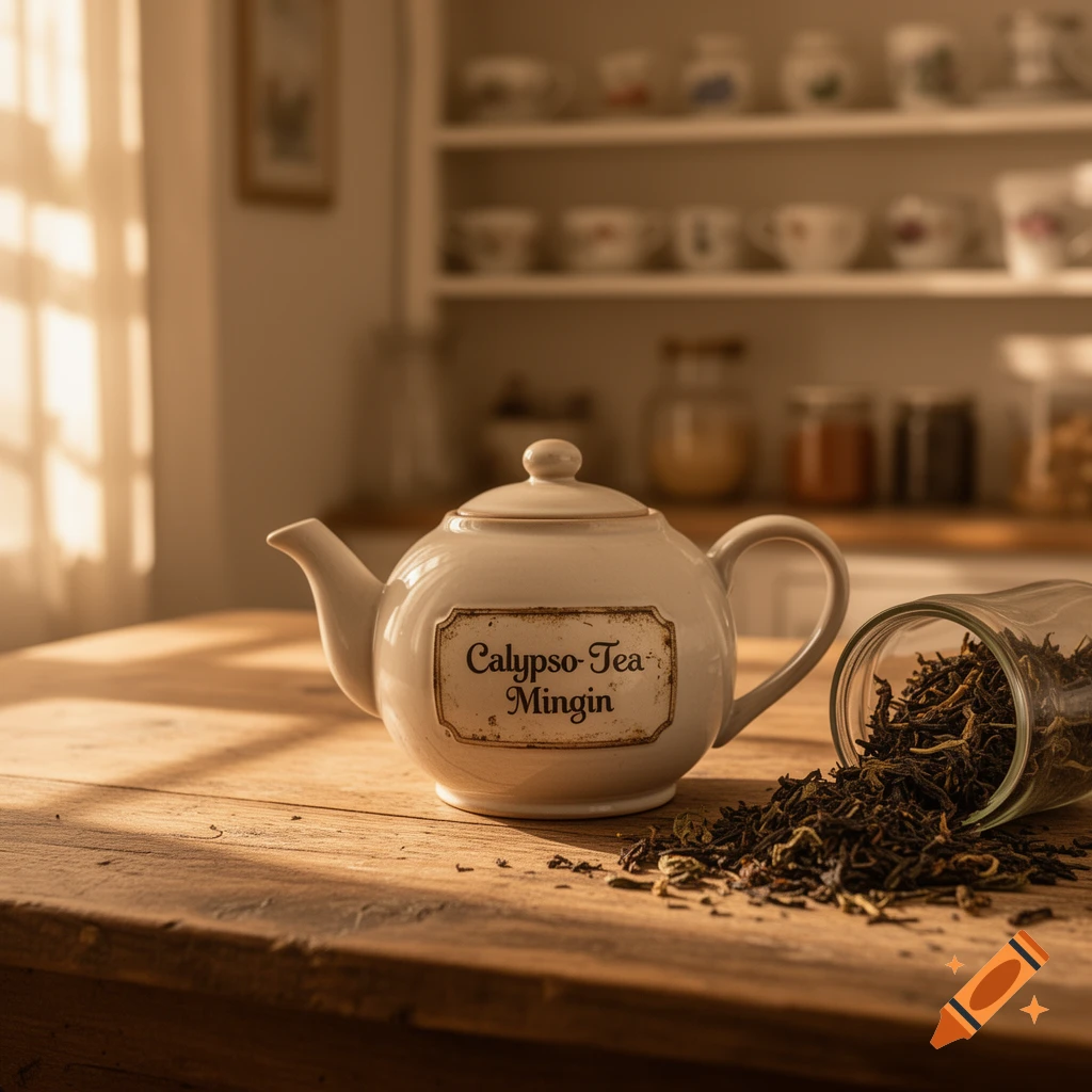 A white teapot labeled 'Calypso-Tea Mingin' next to spilled loose tea leaves on a wooden table in a sunlit kitchen.
