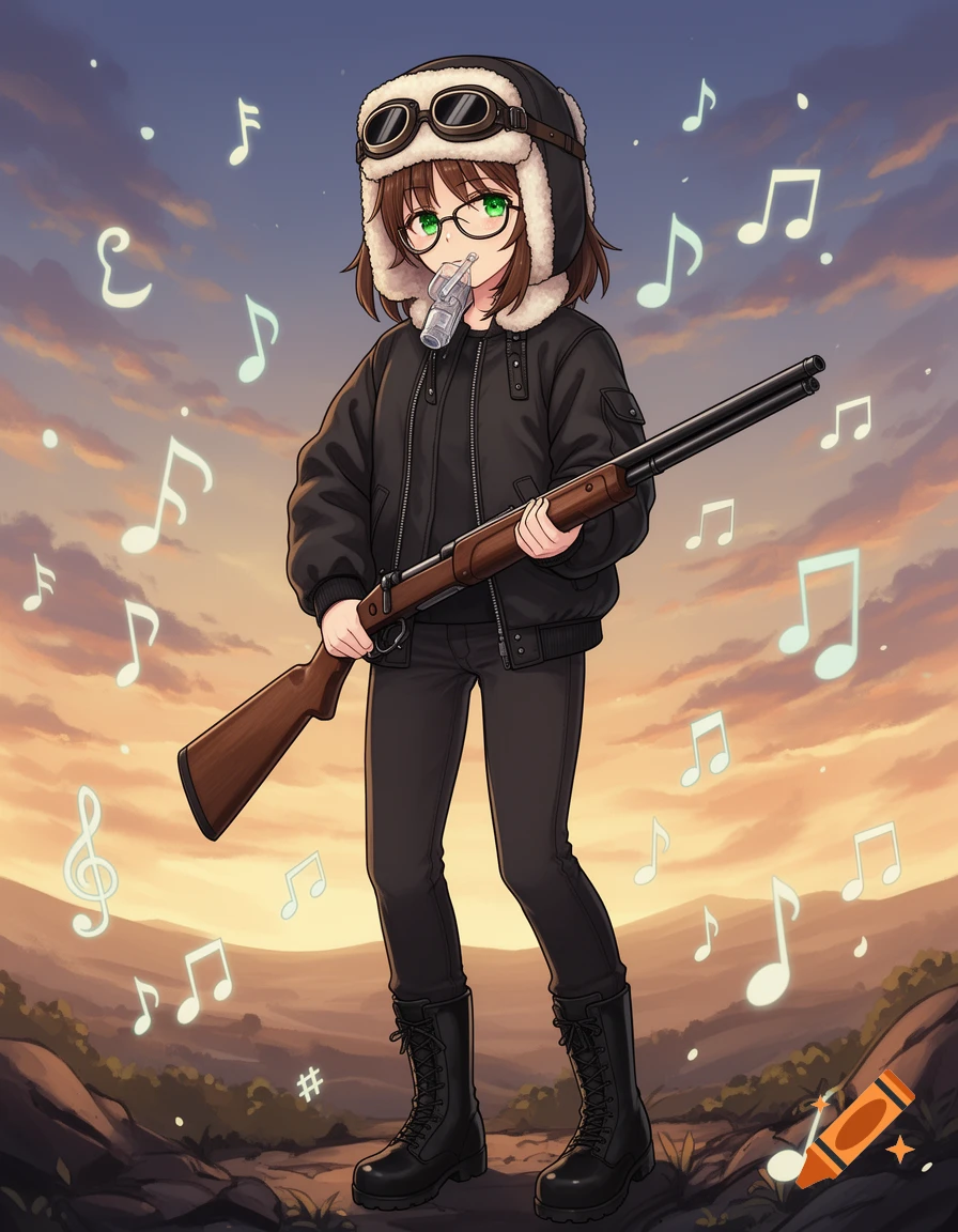 Anime girl in aviator gear holding a shotgun and whistle, surrounded by musical notes under a sunset sky.