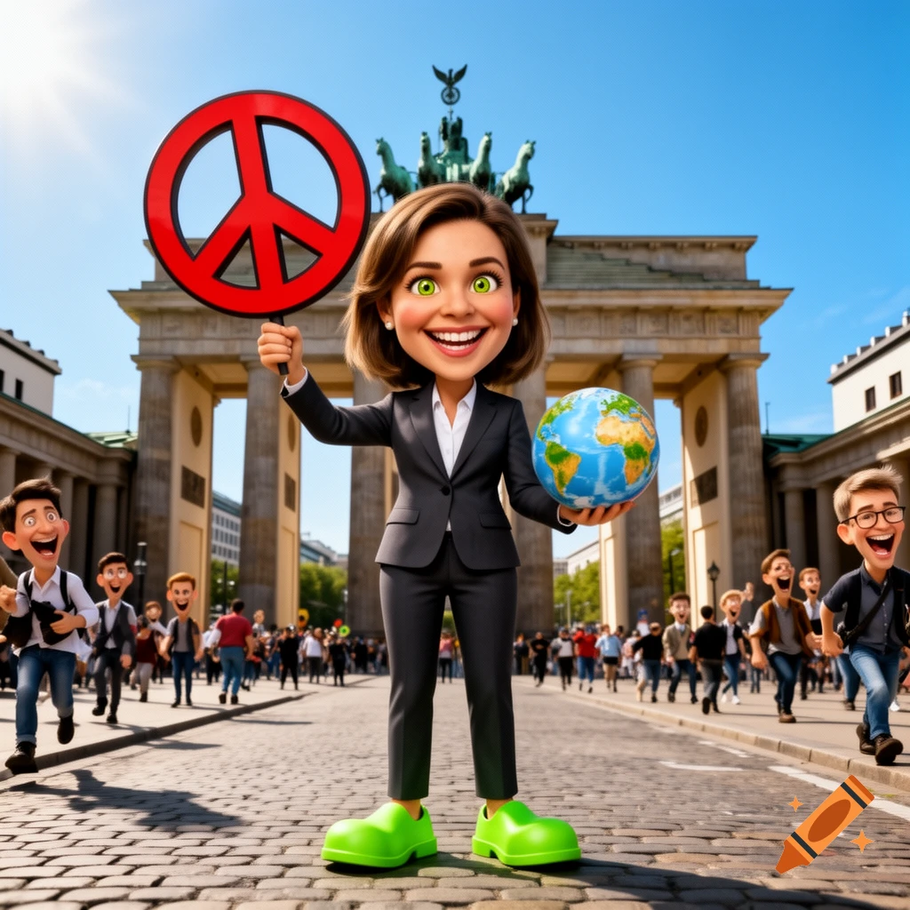 A cartoon woman resembling Annalena Baerbock with large green shoes holds a peace sign and a globe in front of the Brandenburg Gate, with a crowd.
