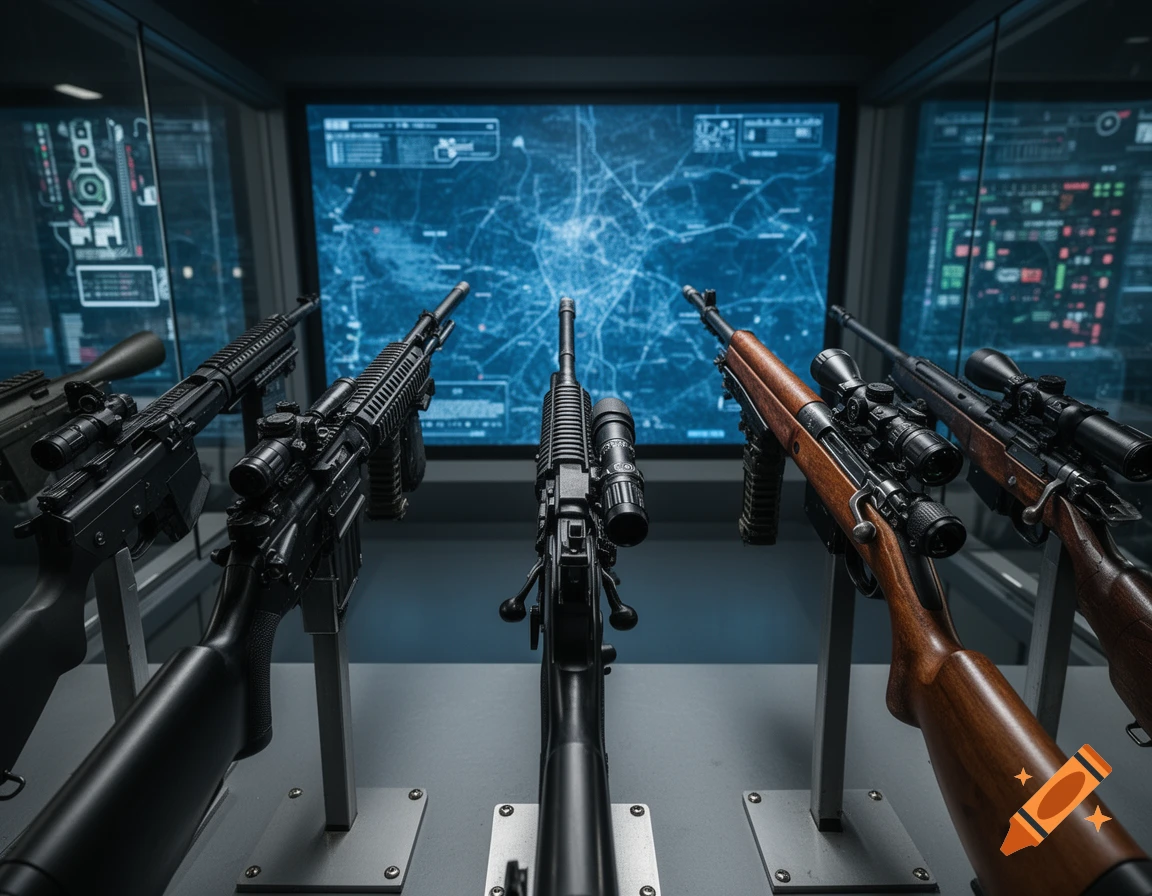 Several rifles with scopes displayed in a control room with large blue map screens in the background.