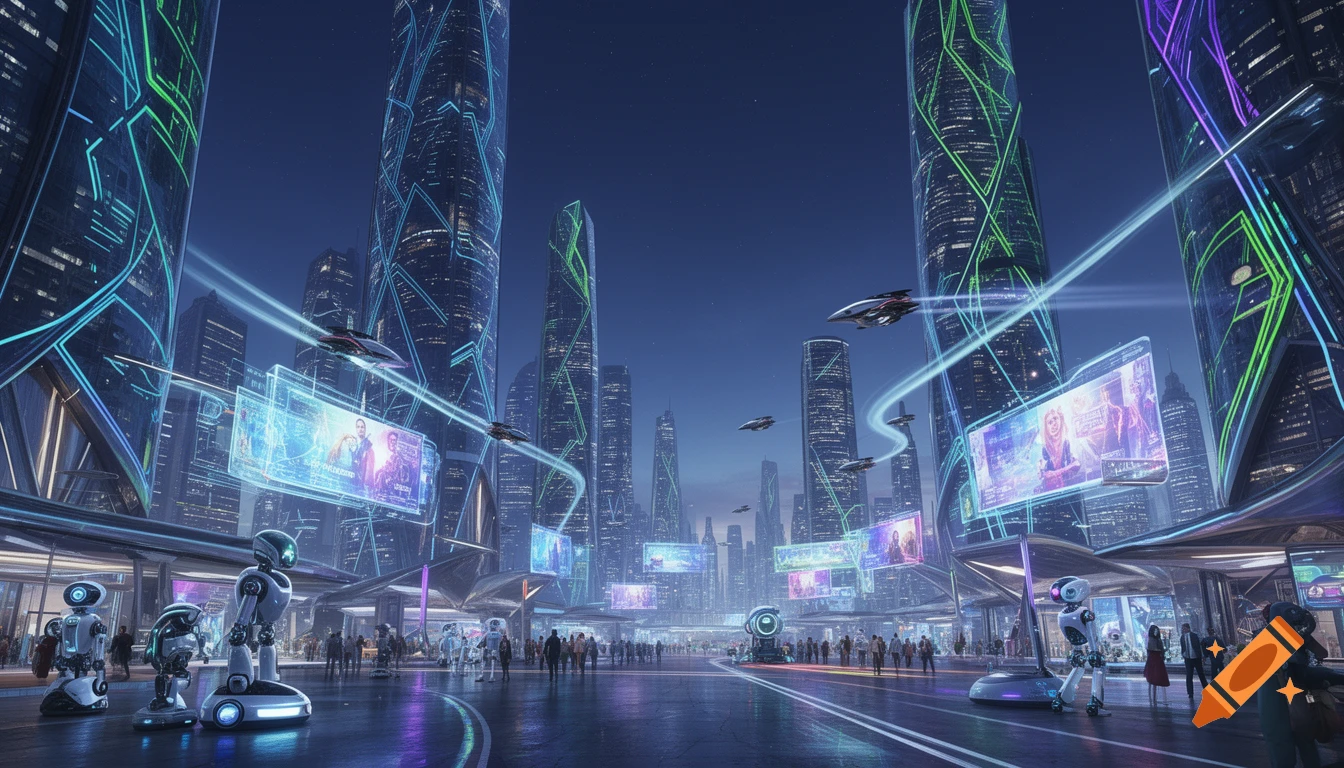 A bustling futuristic city at night with towering neon-lit skyscrapers, flying vehicles, holographic displays, and robots on the street level among pedestrians.