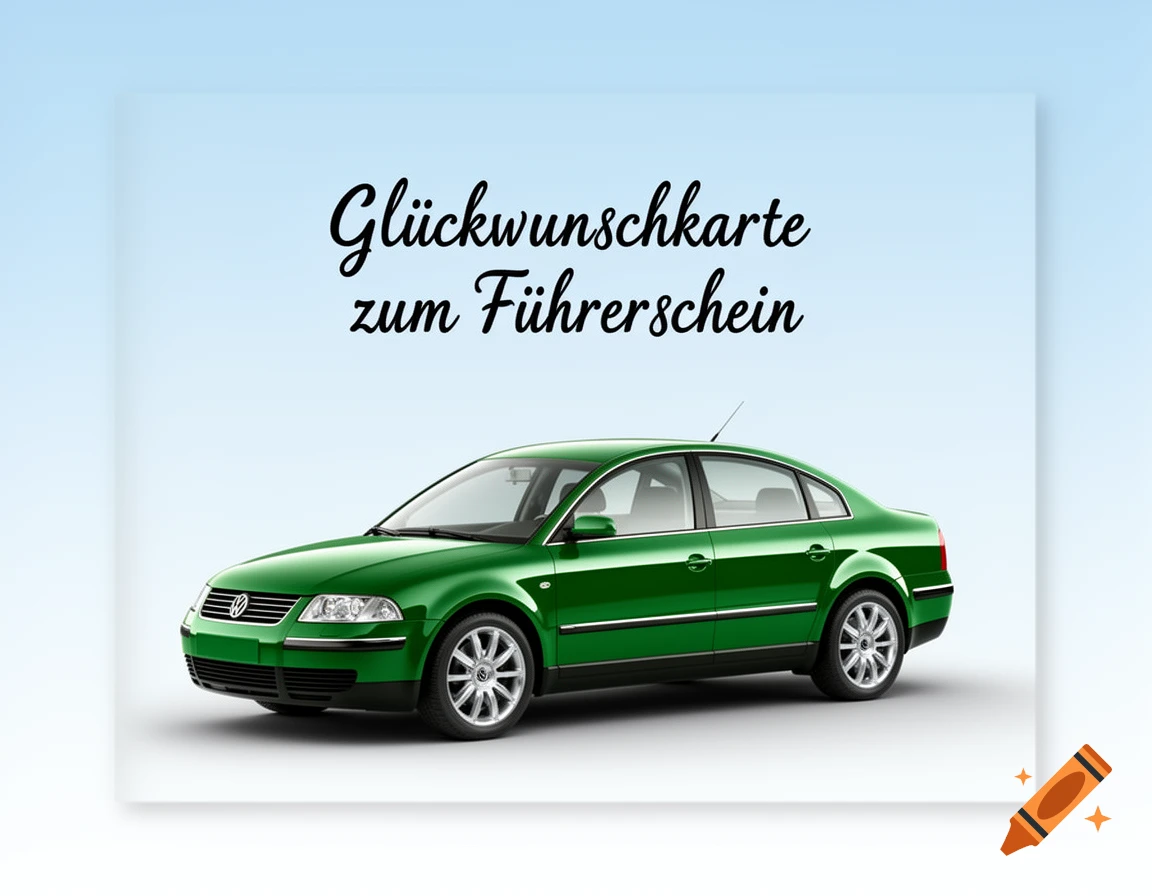 A green Volkswagen Passat on a greeting card, with German text "Glückwunschkarte zum F rerschein" on a light blue background.
