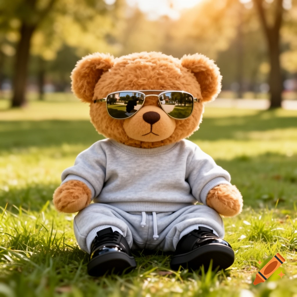 A cute teddy bear wearing silver aviator sunglasses, a light gray sweatsuit, and black shoes sits in bright green grass under a sunny sky.