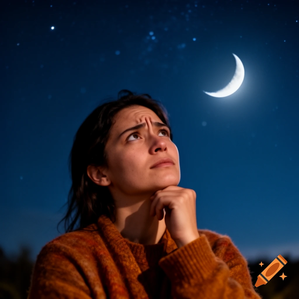 A pensive woman with a furrowed brow looks up at a crescent moon and stars in the dark night sky. Photorealistic.
