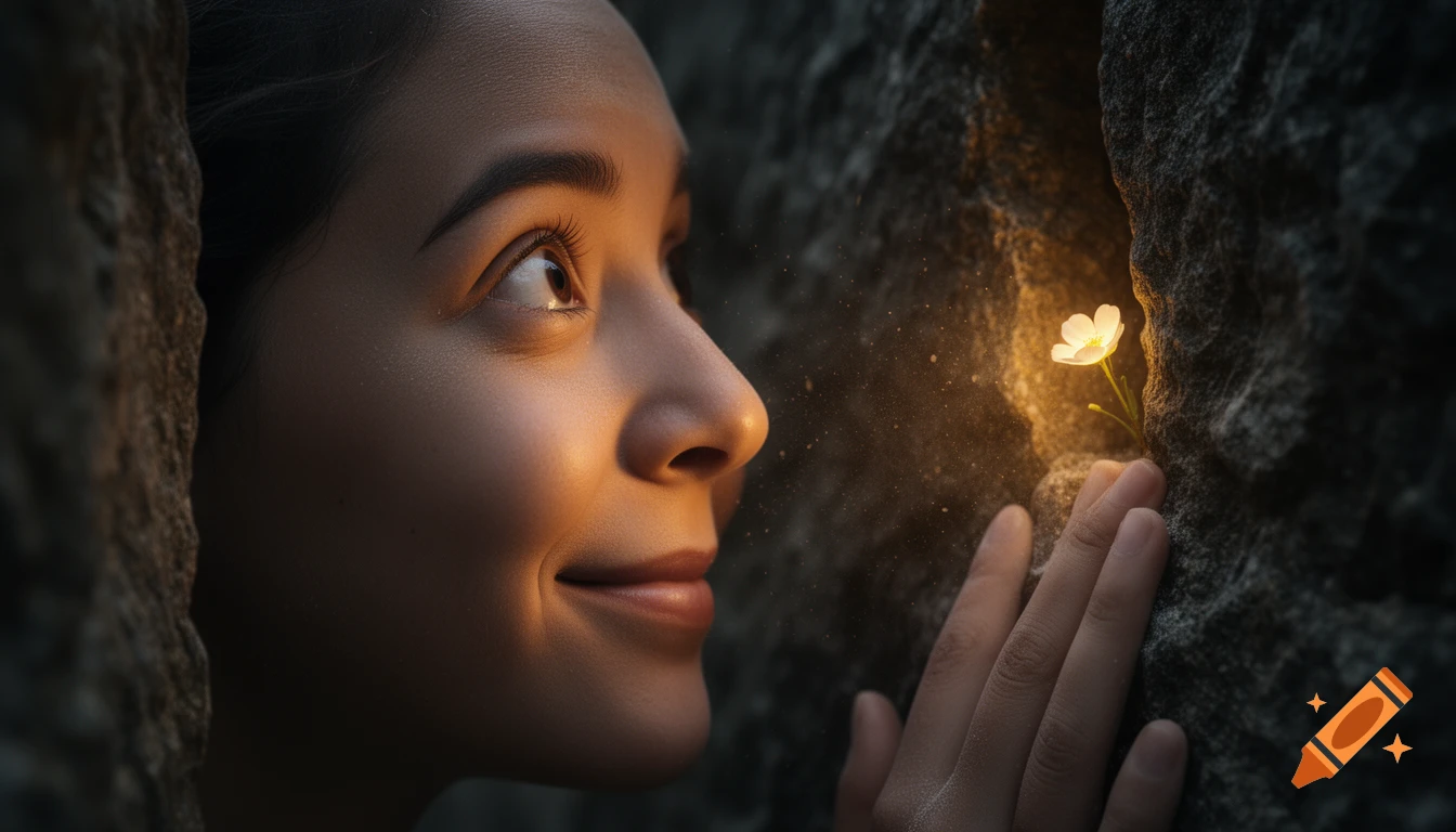 Close-up of a person looking with wonder at a glowing flower in a dark rock crevice, photorealistic.