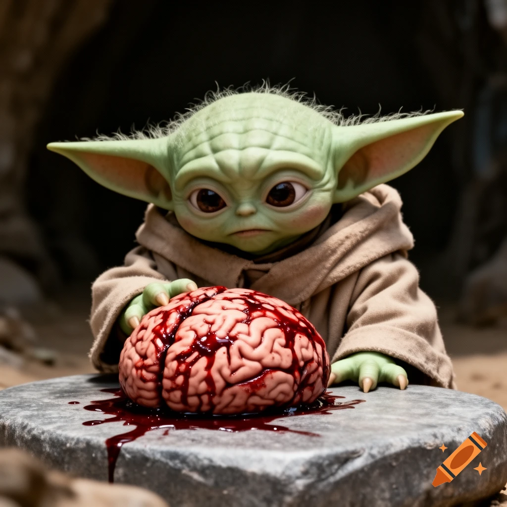 Photorealistic image of Baby Yoda in a brown robe looking at a bloody brain on a stone slab.
