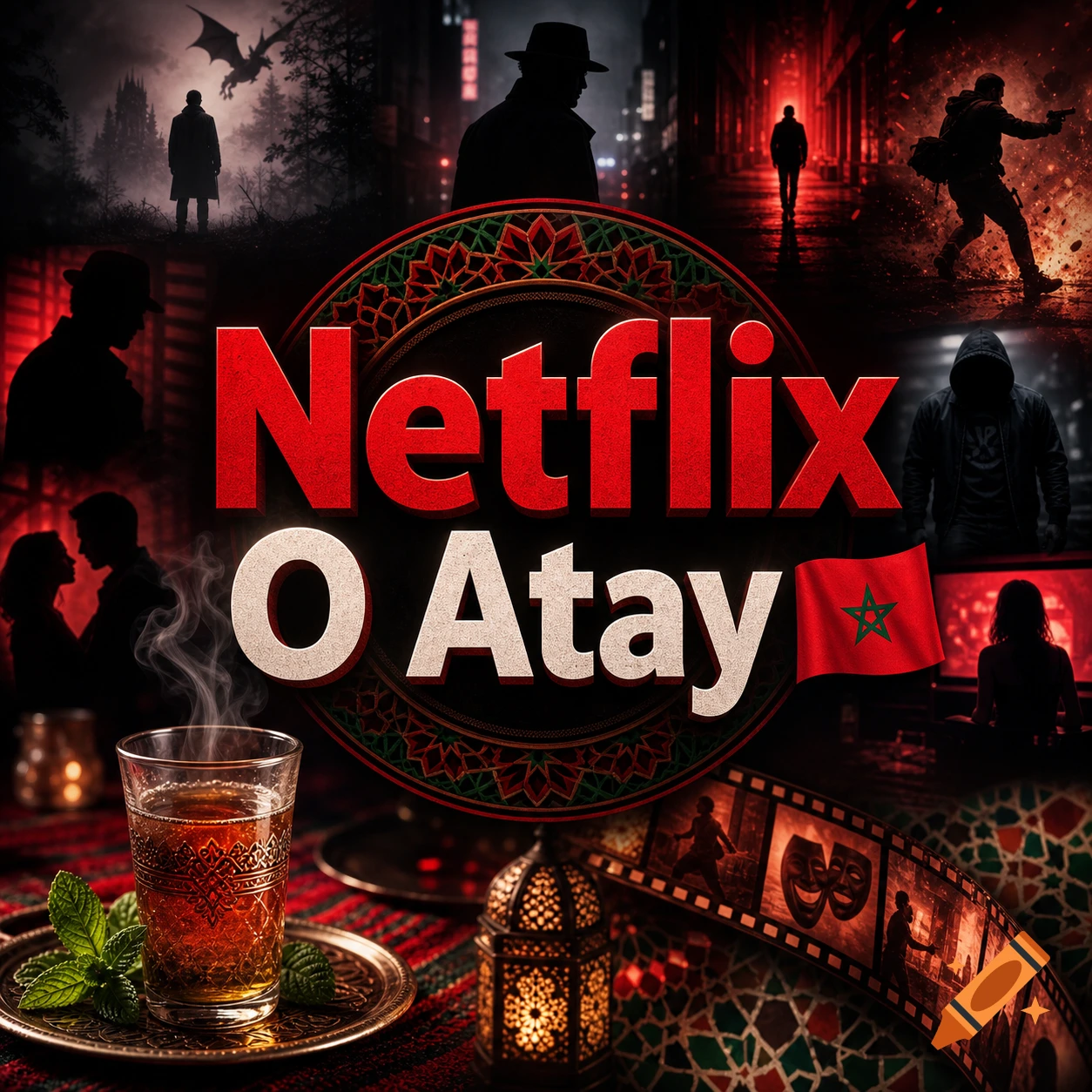 The text 'Netflix O Atay' with a Moroccan flag, surrounded by a cinematic collage of genre scenes, Moroccan mint tea, and zellige patterns.