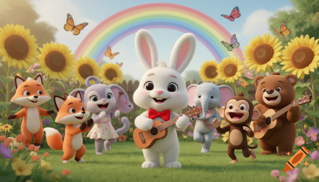 Cute cartoon animals, including a bunny playing ukulele and a bear playing guitar, dance in a sunny field with sunflowers and a rainbow.