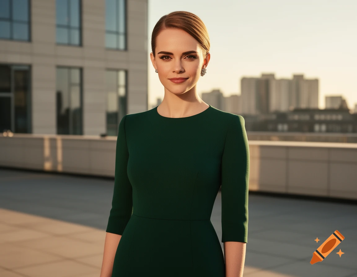 A woman in a dark green dress stands on a rooftop, with city buildings and a bright sky in the background at sunset.