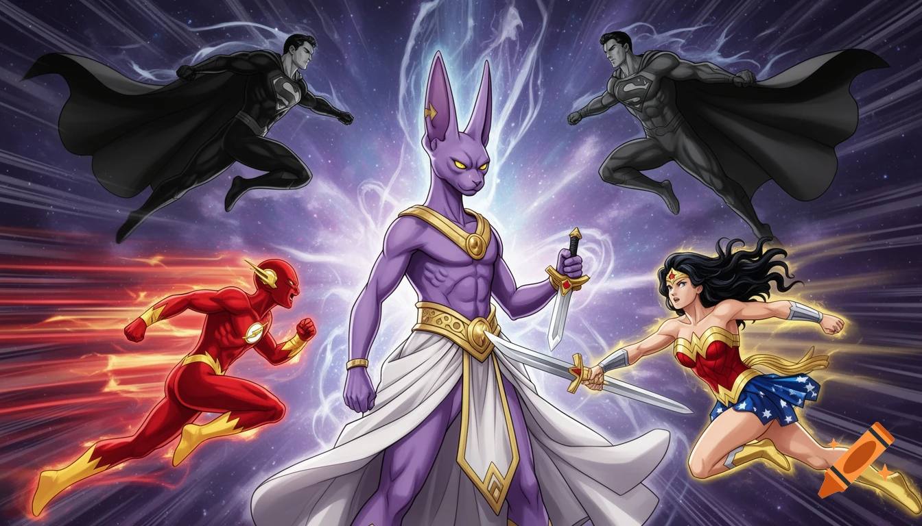 Beerus with two swords in the center, surrounded by two Supermen in black suits, Flash, and Wonder Woman, against a cosmic background.