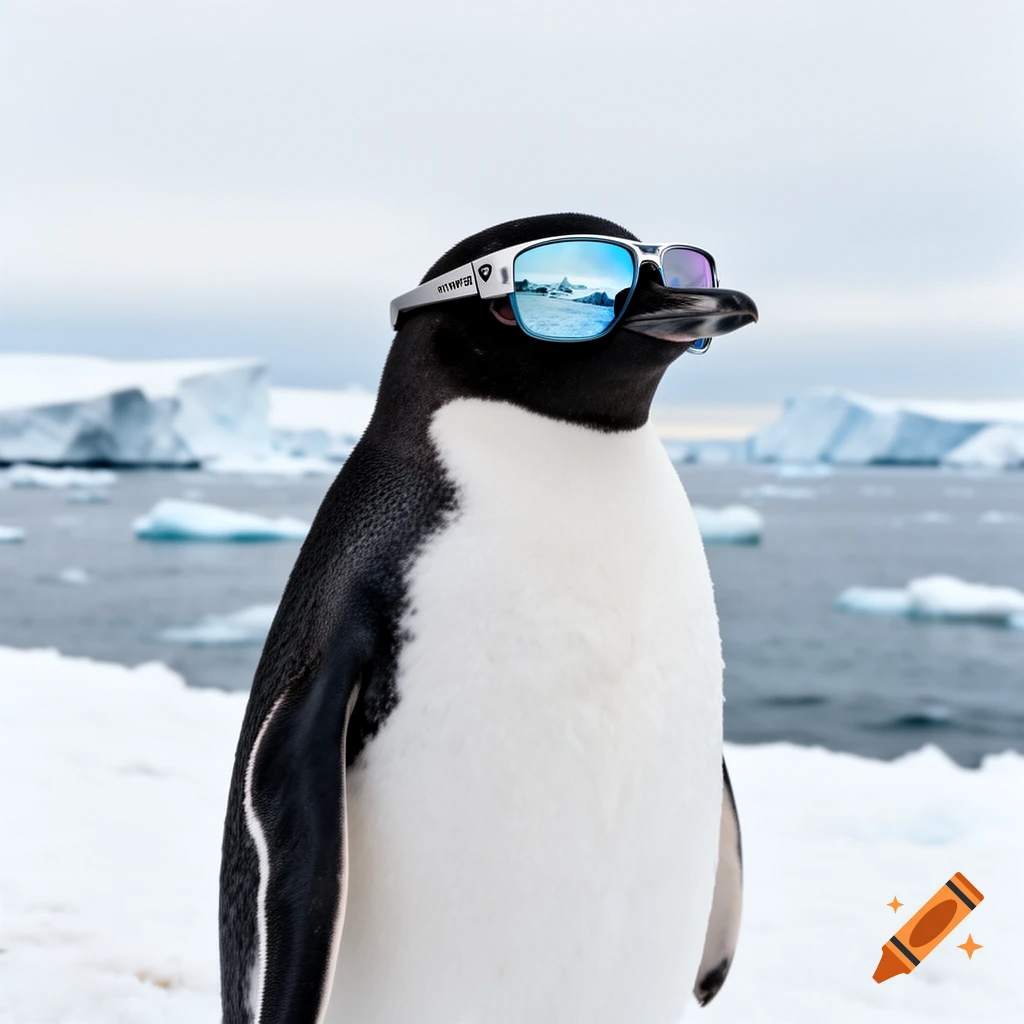 A cool penguin wearing reflective blue Pit Viper style sunglasses stands on ice with icebergs in the background under a cloudy sky.