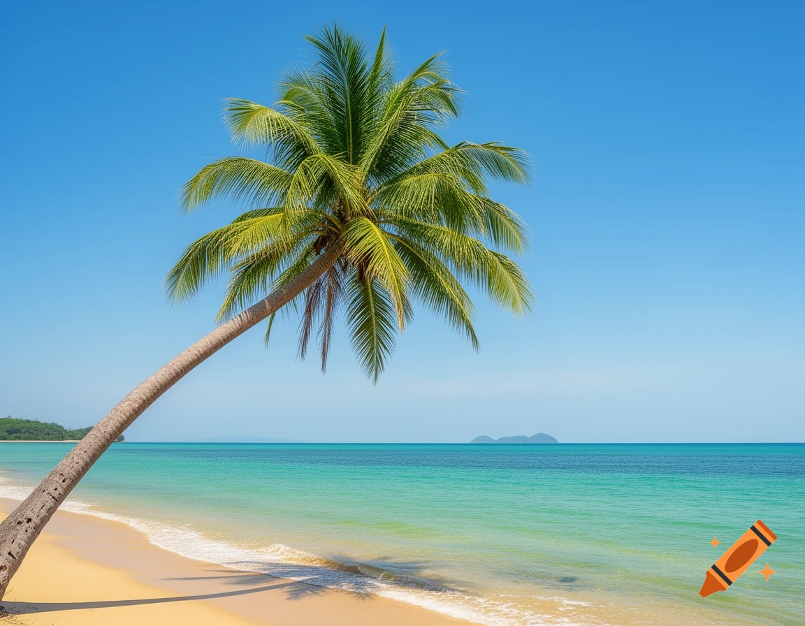 A tall palm tree leaning over a pristine sandy beach with clear turquoise ocean under a bright blue sky.