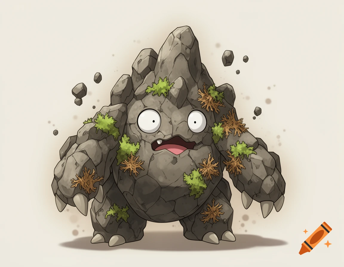 Cartoon rock monster with wide eyes, an open mouth, and pointy teeth, covered in green and brown moss, with small rocks floating around it.