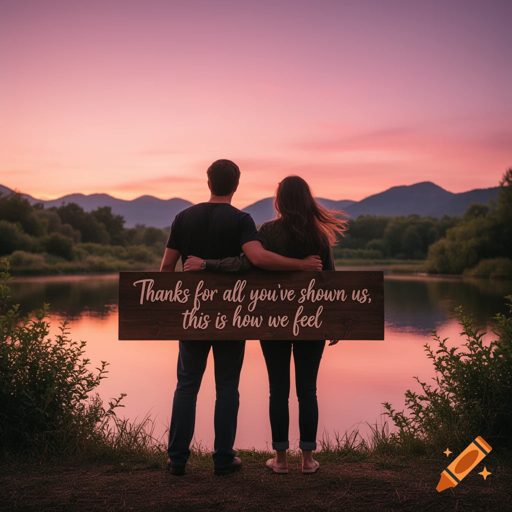 A couple holds a sign with 'Thanks for all you've shown us, this is how we feel' while watching a pink sunset over a lake and mountains.