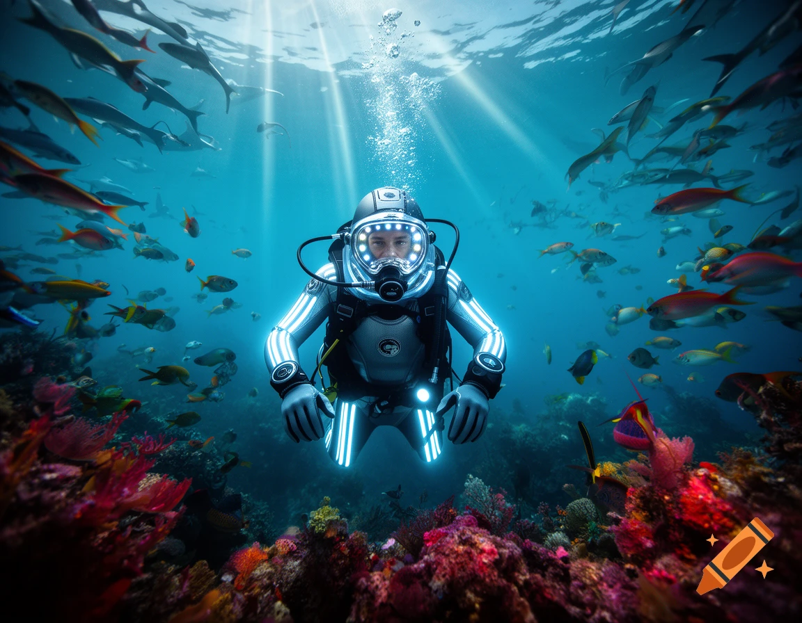 A futuristic scuba diver in a glowing suit floats among colorful coral and schools of fish in a bright blue ocean, photorealistic.