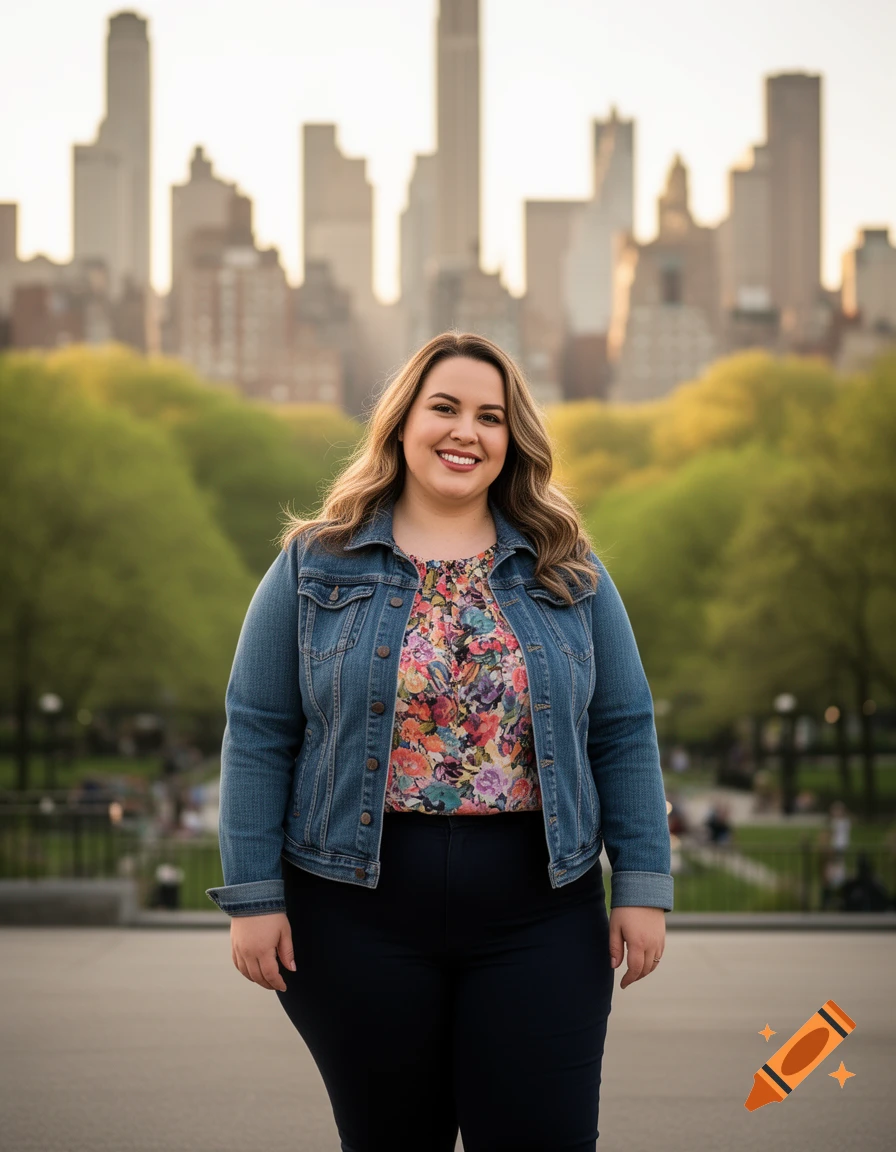 A smiling woman in a denim jacket and floral top stands in a park with a city skyline in the background.