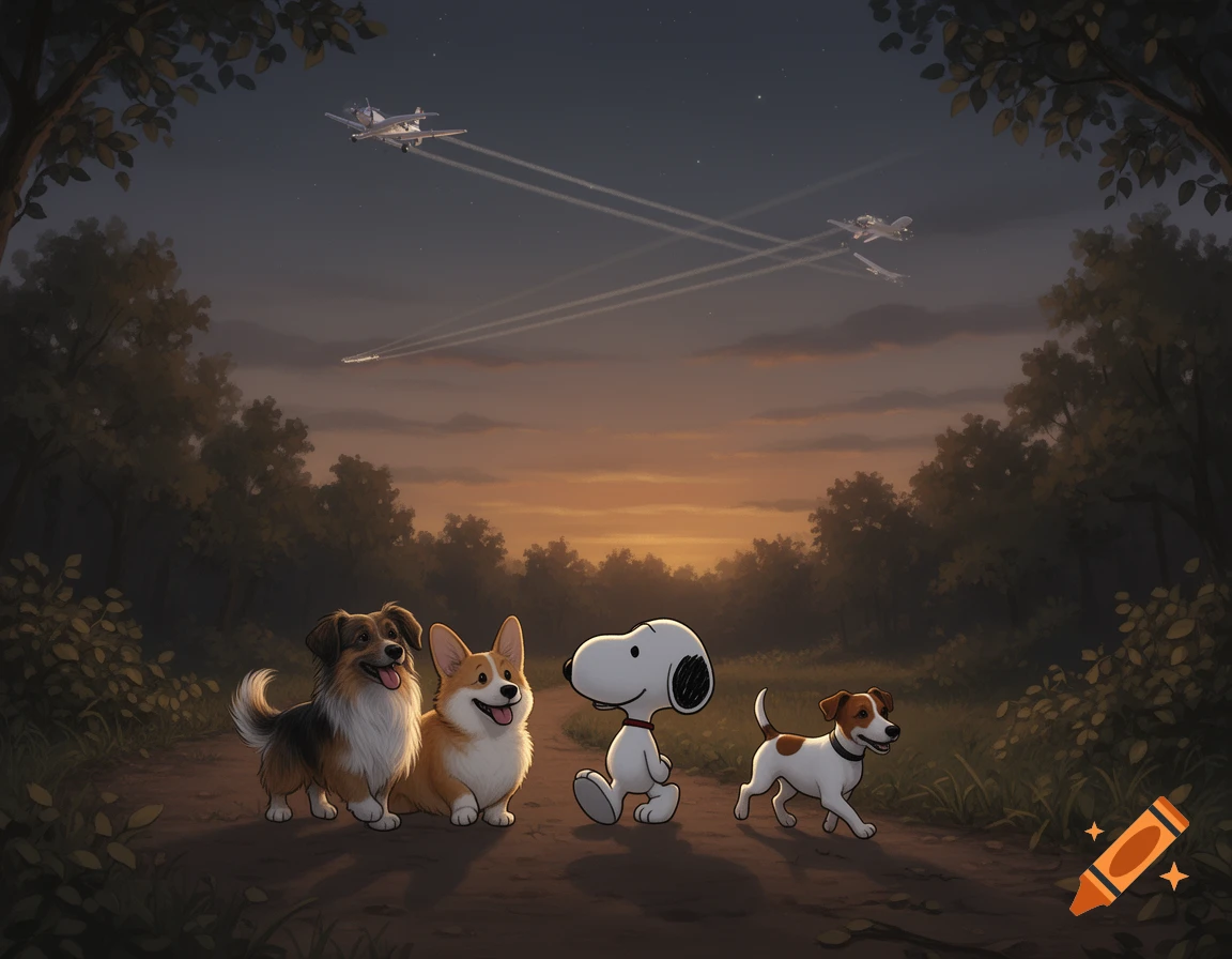 Cartoon Snoopy and three dogs walk on a path at dusk, watching airplanes with contrails in the sky.