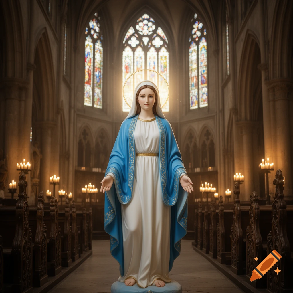 A statue of Saint Mary, with a halo, wearing a blue and white robe, stands in a grand church with stained glass windows.