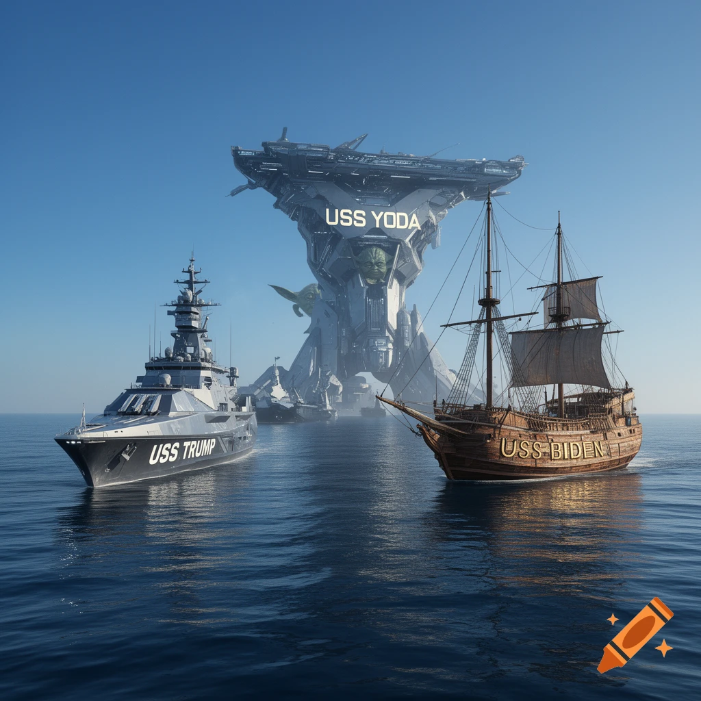 Three ships on the ocean: a modern grey warship 'USS TRUMP', an old wooden sailing ship 'USS-BIDEN', and a large futuristic structure resembling a Star Wars character 'USS YODA' in the background.