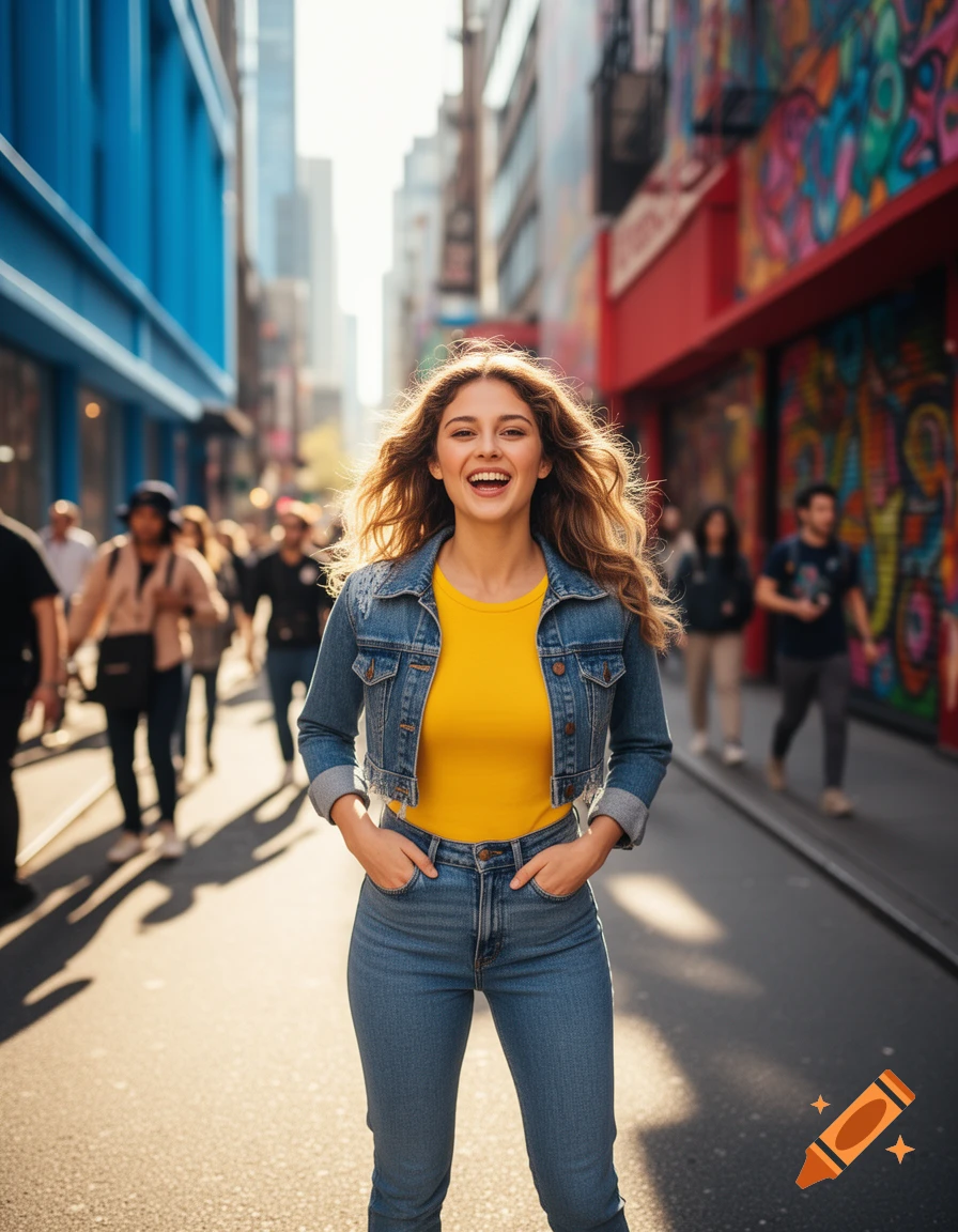 A smiling young woman with long wavy hair, wearing a yellow top, denim jacket, and jeans, stands in the middle of a bustling city street.