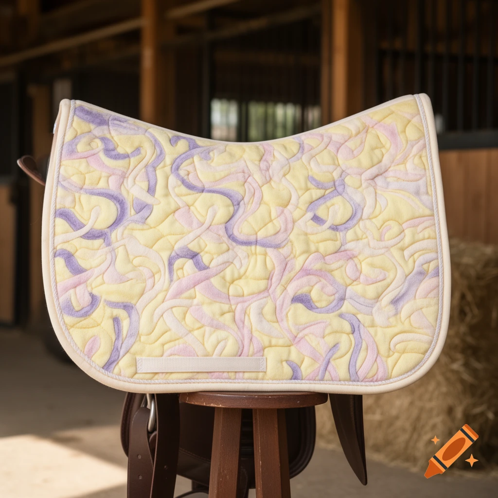 A quilted equestrian saddle pad with baby yellow, cream pink, and purple swirled patterns, sitting on a wooden stool in a barn.