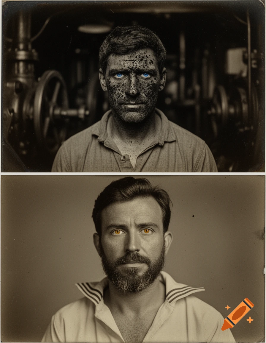Two vintage-style portraits stacked vertically. Top: A man with blue eyes and a soot-covered face in an industrial setting. Bottom: A man with amber eyes and a beard in a sailor shirt.