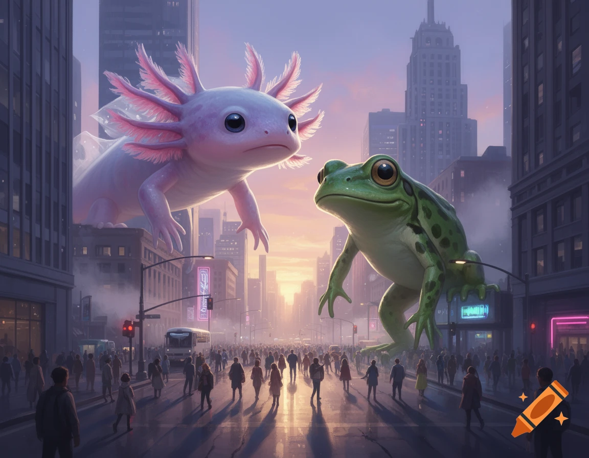 A giant pink axolotl and green frog loom over a busy city street at sunset, with people looking up.
