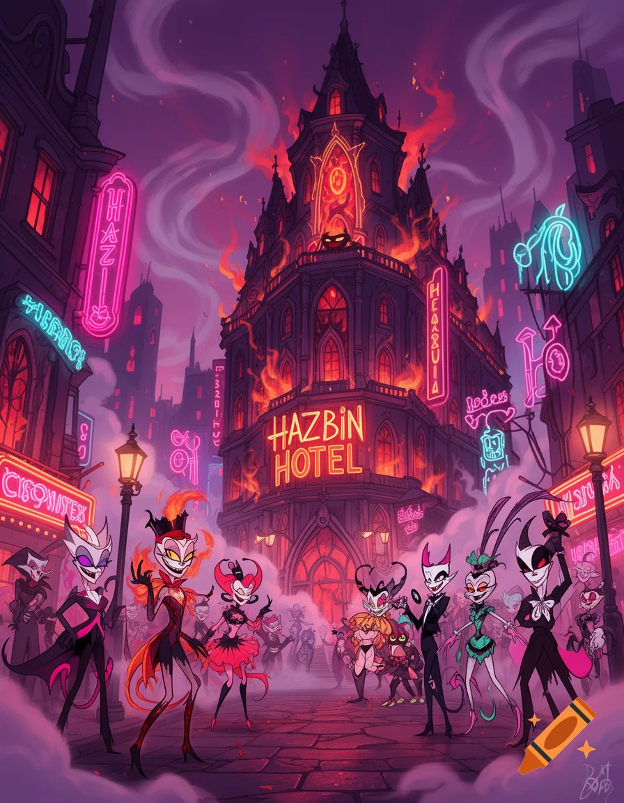 Cartoon demons celebrate outside the burning Hazbin Hotel in a vibrant, neon-lit cityscape at night. Stylized in vivid purples and reds.
