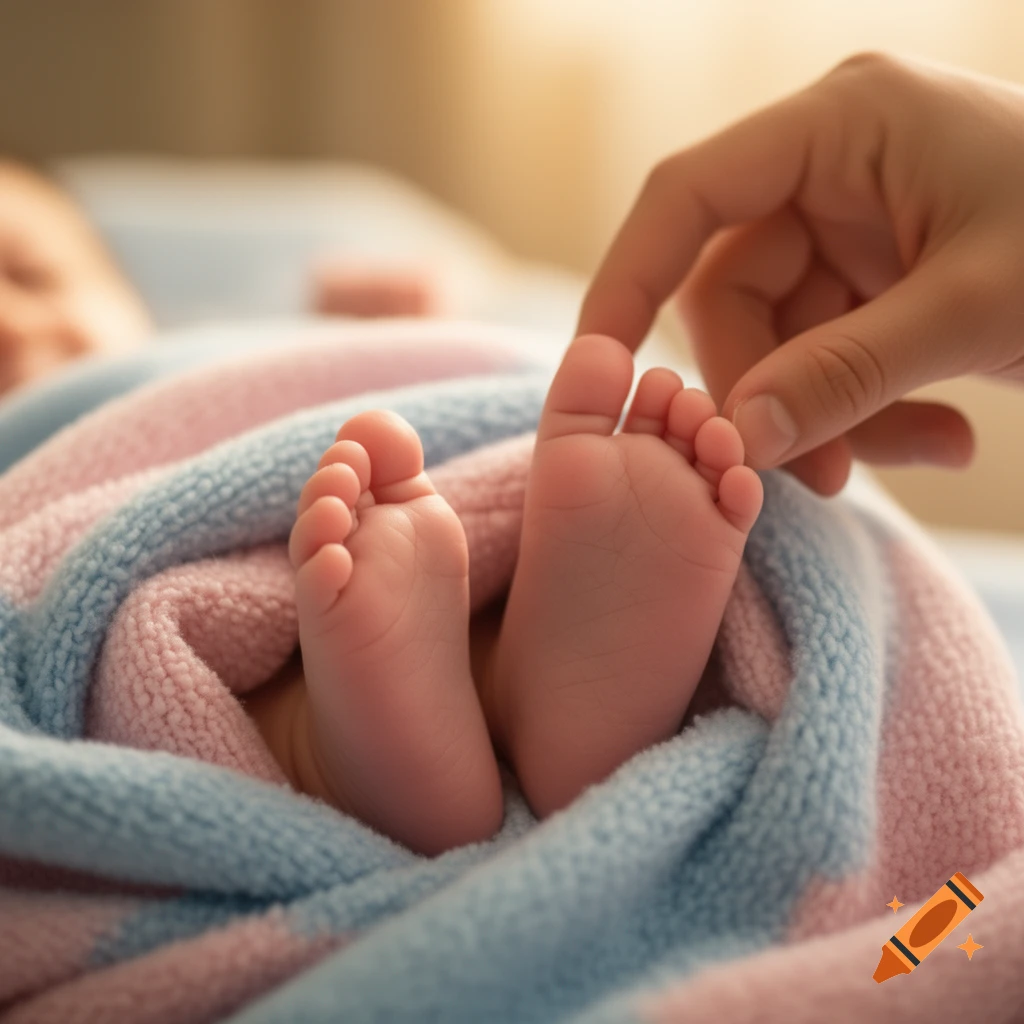 Close-up of a parent's hand gently tickling the bare feet of a baby wrapped in a pink and blue blanket.